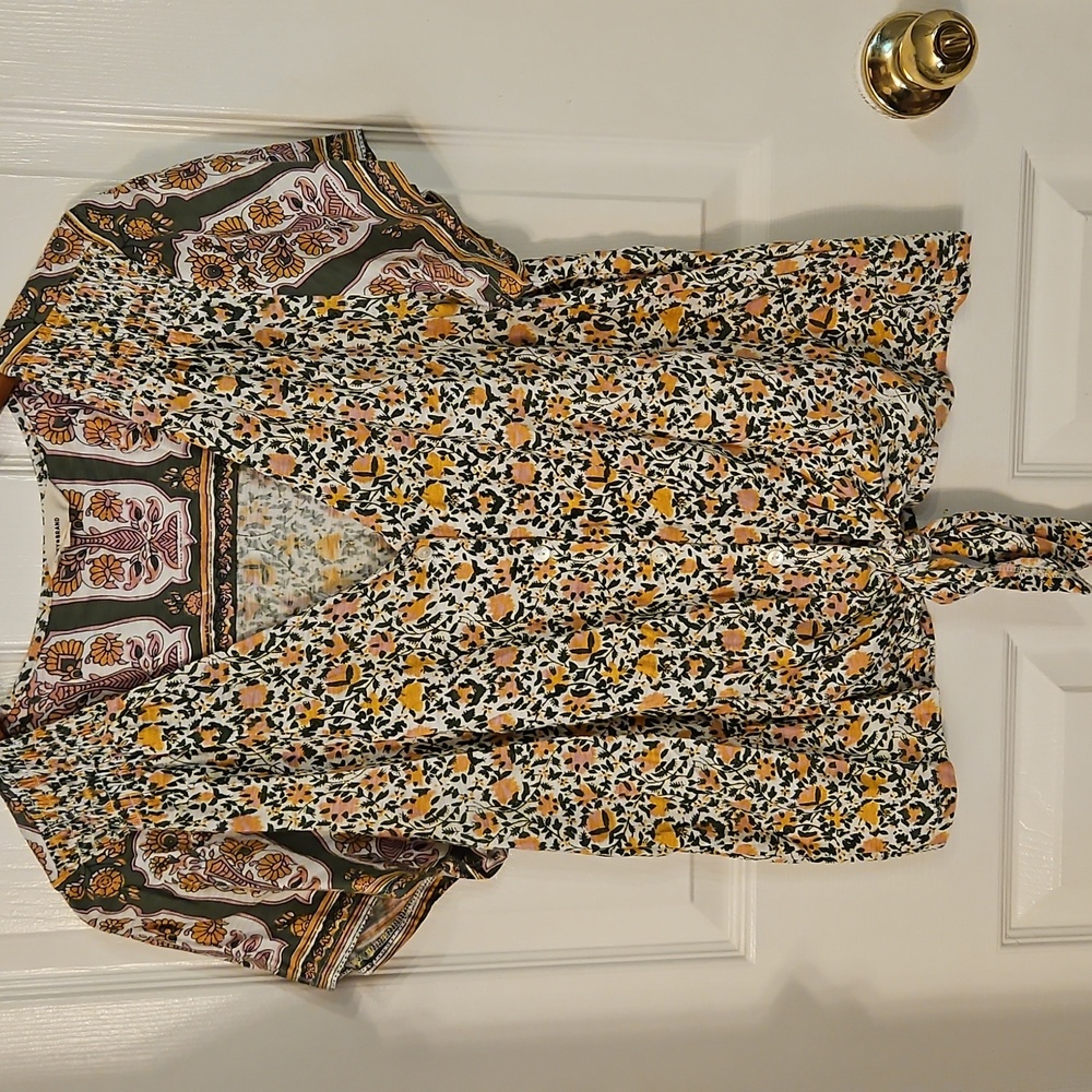 Lucky Brand Green Top Womens Large Tie Waist Floral Light Boxy Cropped Soft